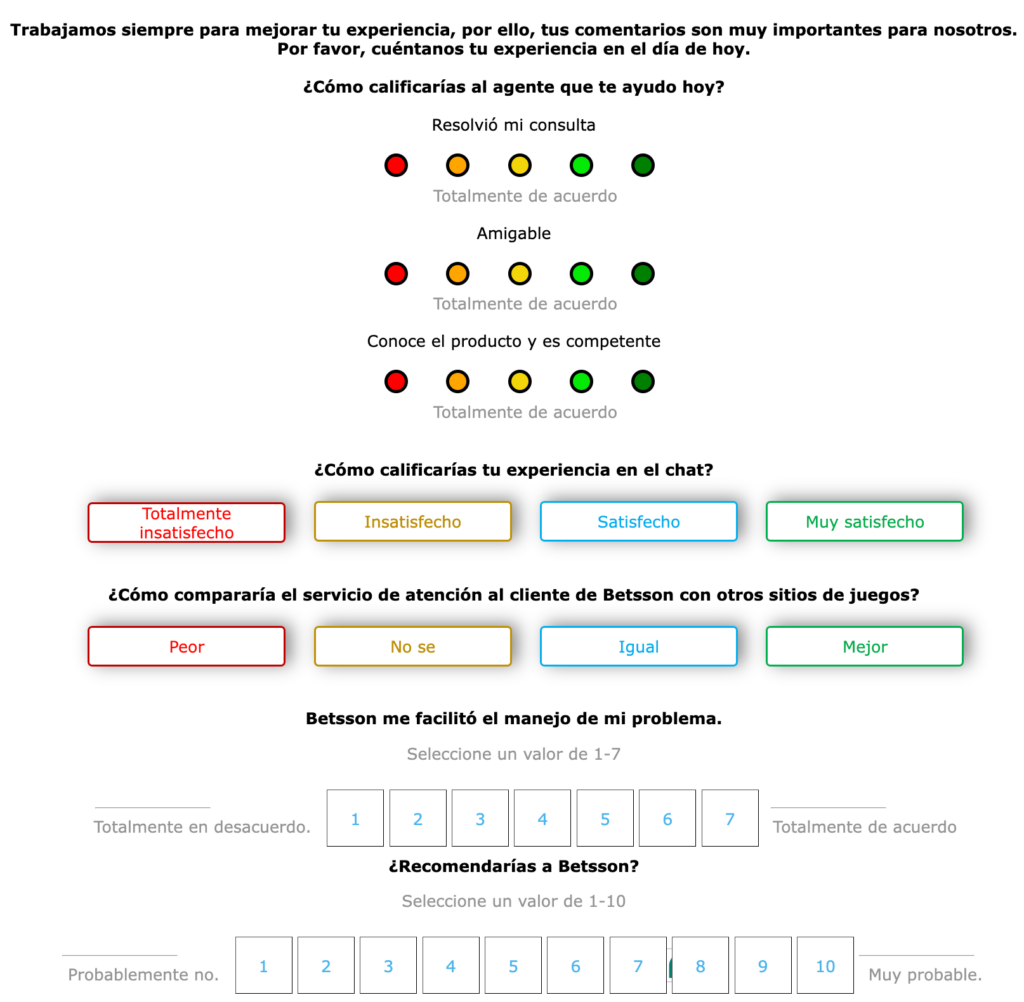 Encuesta de soporte al cliente en Winng Betsson Argentina